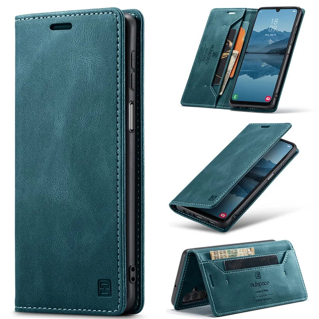 For Samsung Galaxy A24 4G (162.1 x 77.6 x 8.3mm) Wallet Case AUTSPACE A01 Leather Stand Cover with RFID Blocking Card Holder - Blue
