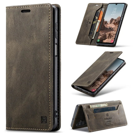 For Samsung Galaxy A24 4G (162.1 x 77.6 x 8.3mm) Wallet Case AUTSPACE A01 Leather Stand Cover with RFID Blocking Card Holder - Coffee