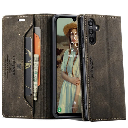 For Samsung Galaxy A15 5G / Galaxy A15 4G Wallet Case AUTSPACE A01 Leather Stand Cover with RFID Blocking Card Holder - Coffee
