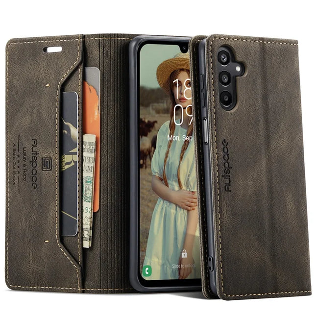 For Samsung Galaxy A15 5G / Galaxy A15 4G Wallet Case AUTSPACE A01 Leather Stand Cover with RFID Blocking Card Holder - Coffee