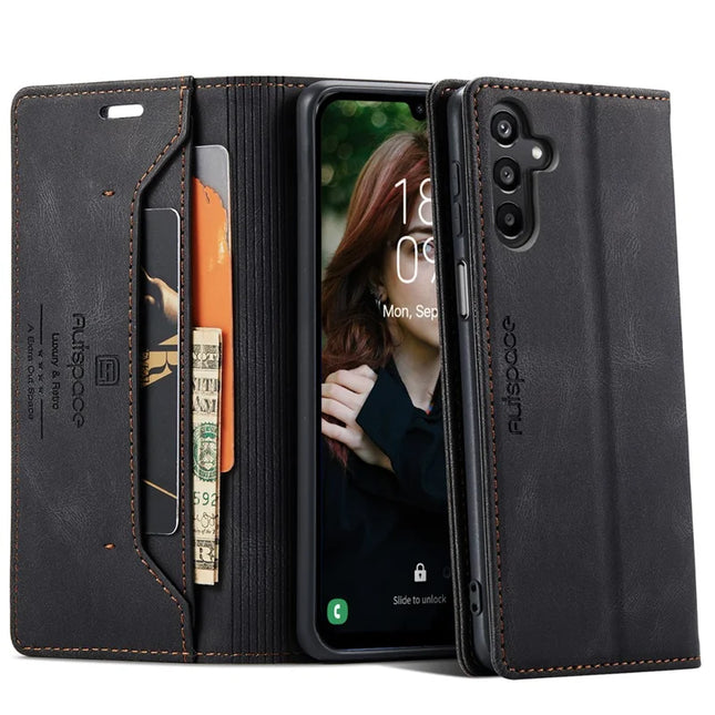 For Samsung Galaxy A15 5G / Galaxy A15 4G Wallet Case AUTSPACE A01 Leather Stand Cover with RFID Blocking Card Holder - Black