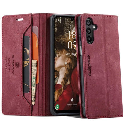 For Samsung Galaxy A15 5G / Galaxy A15 4G Wallet Case AUTSPACE A01 Leather Stand Cover with RFID Blocking Card Holder - Red