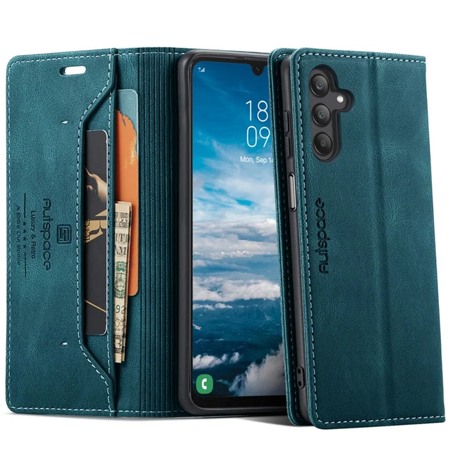 For Samsung Galaxy A25 5G (Global) (161.0 x 76.5 x 8.3mm) Wallet Case AUTSPACE A01 Leather Stand Cover with RFID Blocking Card Holder - Blue