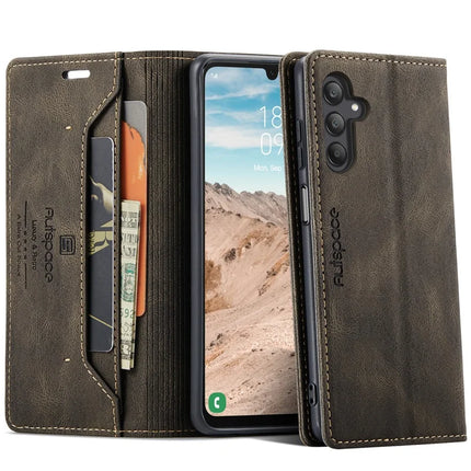 For Samsung Galaxy A25 5G (Global) (161.0 x 76.5 x 8.3mm) Wallet Case AUTSPACE A01 Leather Stand Cover with RFID Blocking Card Holder - Coffee