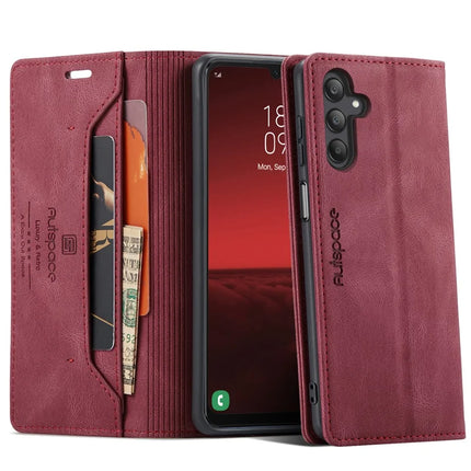 For Samsung Galaxy A25 5G (Global) (161.0 x 76.5 x 8.3mm) Wallet Case AUTSPACE A01 Leather Stand Cover with RFID Blocking Card Holder - Red