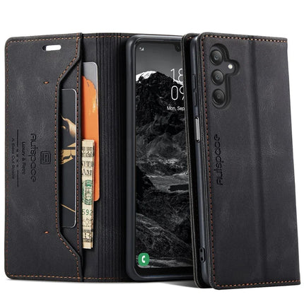 For Samsung Galaxy A25 5G (Global) (161.0 x 76.5 x 8.3mm) Wallet Case AUTSPACE A01 Leather Stand Cover with RFID Blocking Card Holder - Black