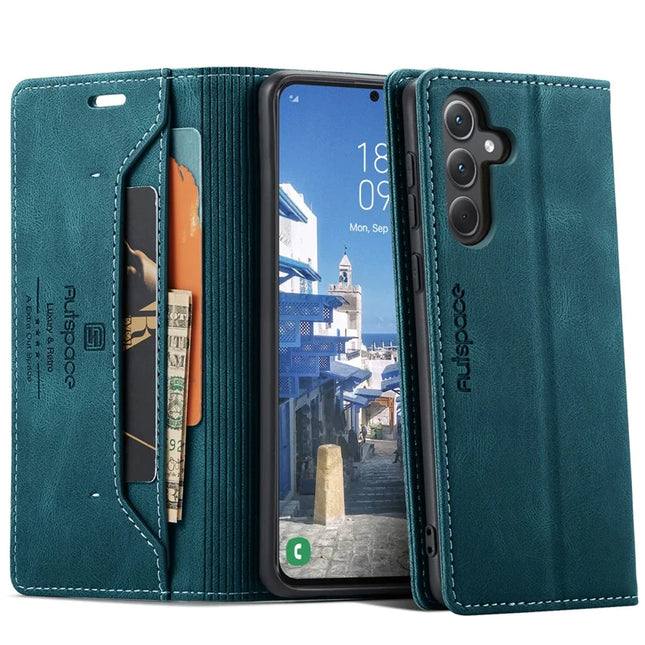 For Samsung Galaxy A35 5G Wallet Case AUTSPACE A01 Leather Stand Cover with RFID Blocking Card Holder - Blue