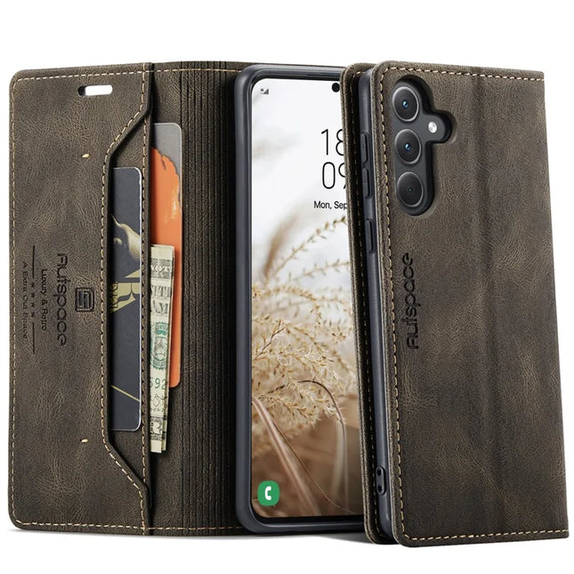 For Samsung Galaxy A35 5G Wallet Case AUTSPACE A01 Leather Stand Cover with RFID Blocking Card Holder - Coffee