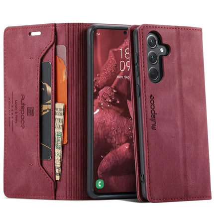 For Samsung Galaxy A35 5G Wallet Case AUTSPACE A01 Leather Stand Cover with RFID Blocking Card Holder - Red