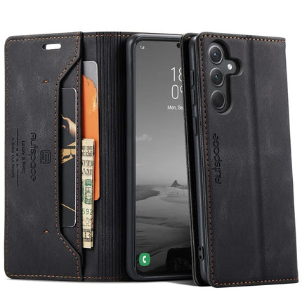 For Samsung Galaxy A35 5G Wallet Case AUTSPACE A01 Leather Stand Cover with RFID Blocking Card Holder - Black