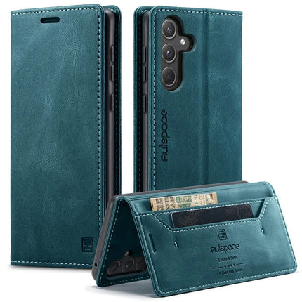 For Samsung Galaxy A55 5G Wallet Case AUTSPACE A01 Leather Stand Cover with RFID Blocking Card Holder - Blue