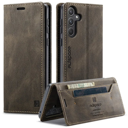 For Samsung Galaxy A55 5G Wallet Case AUTSPACE A01 Leather Stand Cover with RFID Blocking Card Holder - Coffee