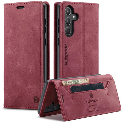 For Samsung Galaxy A55 5G Wallet Case AUTSPACE A01 Leather Stand Cover with RFID Blocking Card Holder - Red