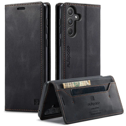 For Samsung Galaxy A55 5G Wallet Case AUTSPACE A01 Leather Stand Cover with RFID Blocking Card Holder - Black