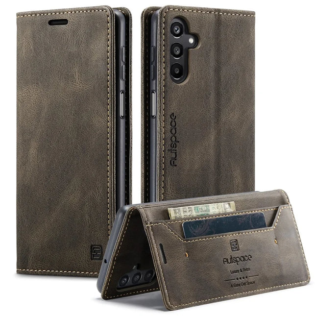 For Samsung Galaxy A16 5G Wallet Case AUTSPACE A01 Leather Stand Cover with RFID Blocking Card Holder - Coffee