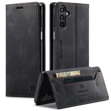 For Samsung Galaxy A16 5G Wallet Case AUTSPACE A01 Leather Stand Cover with RFID Blocking Card Holder - Black