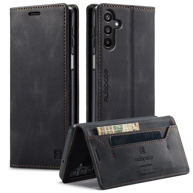 For Samsung Galaxy A16 5G Wallet Case AUTSPACE A01 Leather Stand Cover with RFID Blocking Card Holder - Black