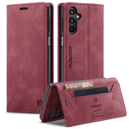 For Samsung Galaxy A16 5G Wallet Case AUTSPACE A01 Leather Stand Cover with RFID Blocking Card Holder - Red