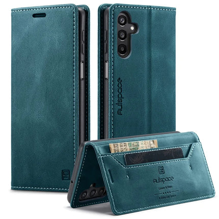 For Samsung Galaxy A16 5G Wallet Case AUTSPACE A01 Leather Stand Cover with RFID Blocking Card Holder - Blue