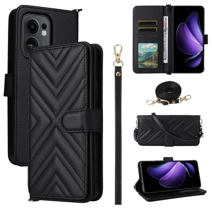 For Oppo Reno13 F 5G / 4G Wallet Case with Shoulder Strap Leather Phone Cover - Black