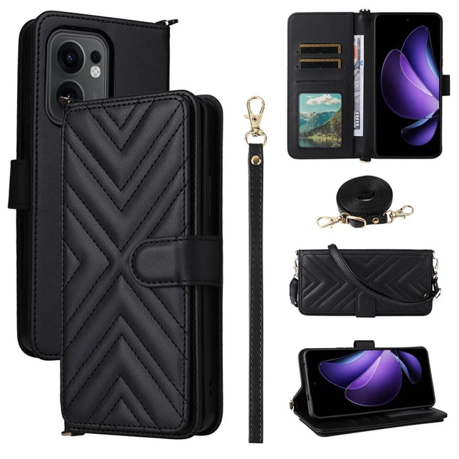 For Oppo Reno13 F 5G / 4G Wallet Case with Shoulder Strap Leather Phone Cover - Black