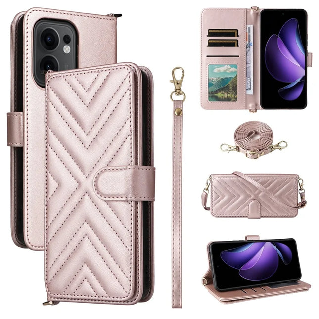 For Oppo Reno13 F 5G / 4G Wallet Case with Shoulder Strap Leather Phone Cover - Pink