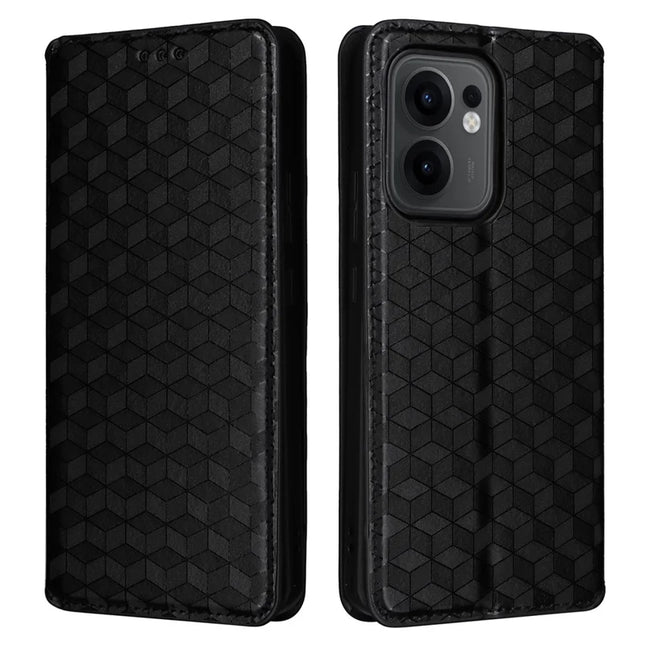 For Oppo Reno13 F 5G / 4G Wallet Case Rhombus Imprinted Leather Phone Cover - Black