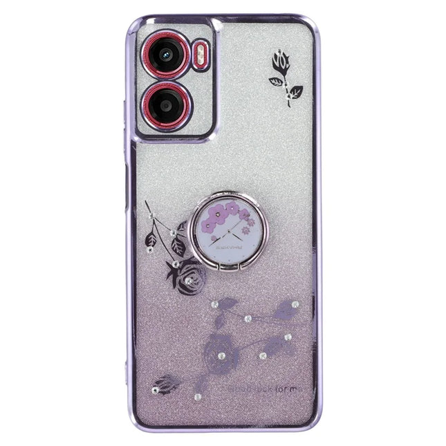 KADEM For Motorola Moto G05 4G  /  E15 4G Case Ring Kickstand TPU Flowers Phone Cover Gradient Glitter - Purple