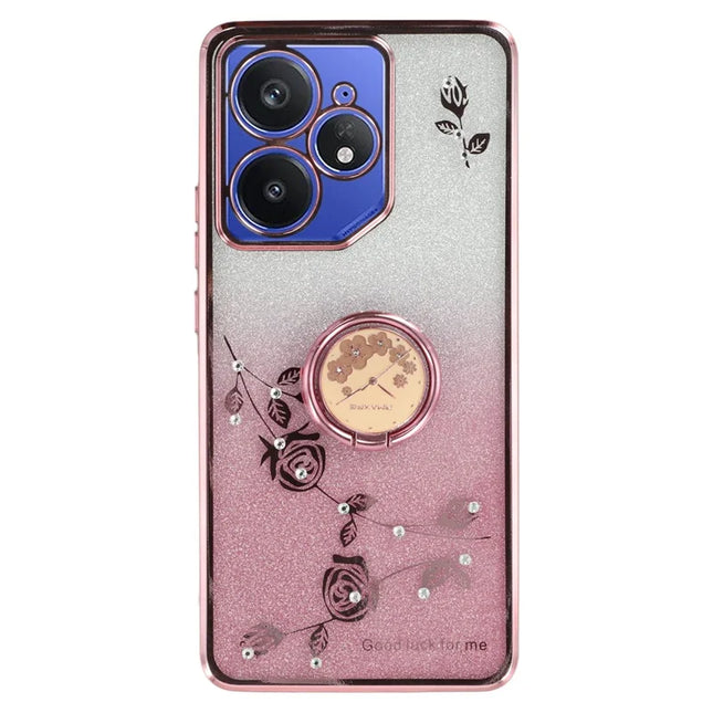 KADEM For Realme Neo7 5G Case Ring Kickstand TPU Flowers Phone Cover Gradient Glitter - Rose Gold