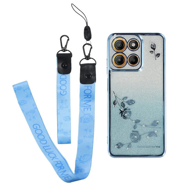 KADEM For Motorola Moto G15 4G / G15 Power 4G Case Flower Pattern TPU Gradient Phone Cover with Lanyards - Blue