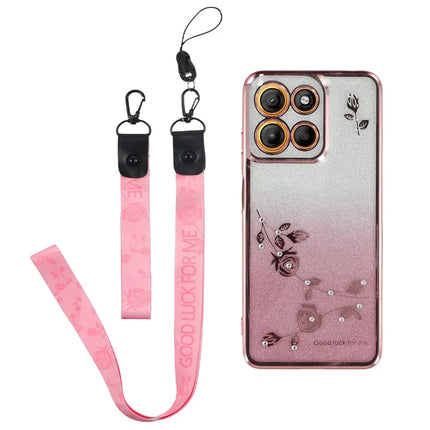 KADEM For Motorola Moto G15 4G / G15 Power 4G Case Flower Pattern TPU Gradient Phone Cover with Lanyards - Rose Gold
