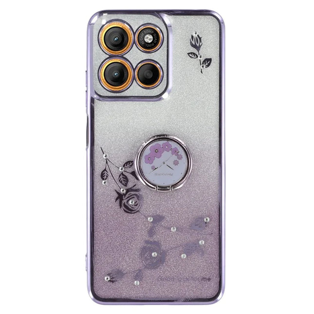 KADEM For Motorola Moto G15 4G / G15 Power 4G Case with Kickstand TPU Flowers Phone Cover Gradient Glitter - Purple