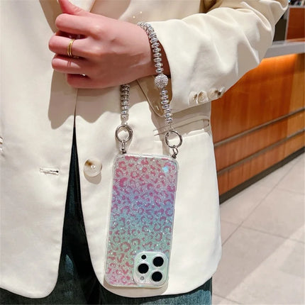 For iPhone 16 Pro Max Case Gradient TPU Phone Back Cover with Glitter Card Rhinestones Decor Strap