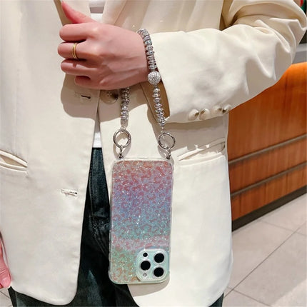 For iPhone 16 Pro Max Case Gradient TPU Phone Back Cover with Glitter Card Rhinestones Decor Strap