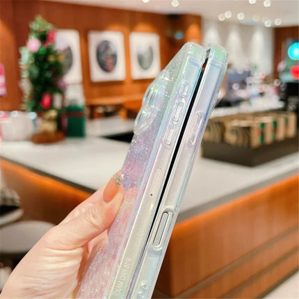 For iPhone 16 Pro Max Case Gradient TPU Phone Back Cover with Glitter Card Rhinestones Decor Strap
