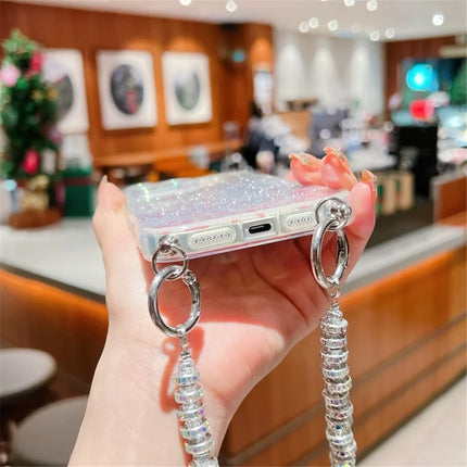 For iPhone 16 Pro Max Case Gradient TPU Phone Back Cover with Glitter Card Rhinestones Decor Strap