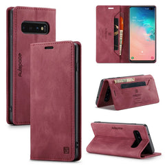 For Samsung Galaxy S10 Plus Wallet Case AUTSPACE A01 Leather Stand Cover with RFID Blocking Card Holder - Red