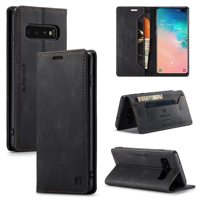 For Samsung Galaxy S10 Plus Wallet Case AUTSPACE A01 Leather Stand Cover with RFID Blocking Card Holder - Black