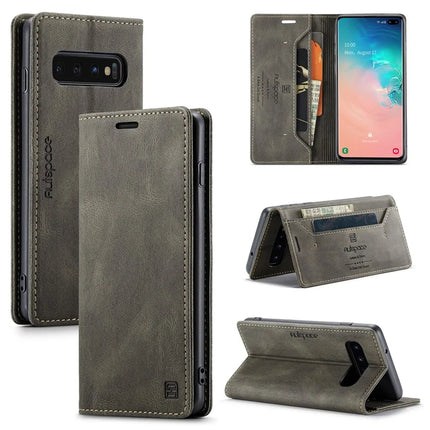 For Samsung Galaxy S10 Plus Wallet Case AUTSPACE A01 Leather Stand Cover with RFID Blocking Card Holder - Coffee