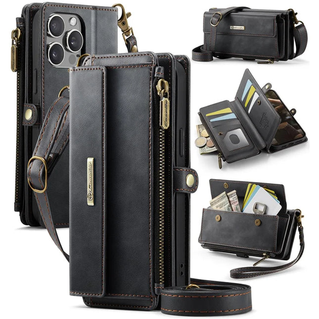 CASEME C39 Series For iPhone 13 Pro Max Case RFID Blocking 9 Card Slots Zipper Wallet Stand Leather Cover with Strap - Black