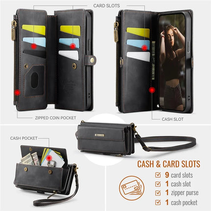 CASEME C39 Series For iPhone 13 Pro Max Case RFID Blocking 9 Card Slots Zipper Wallet Stand Leather Cover with Strap