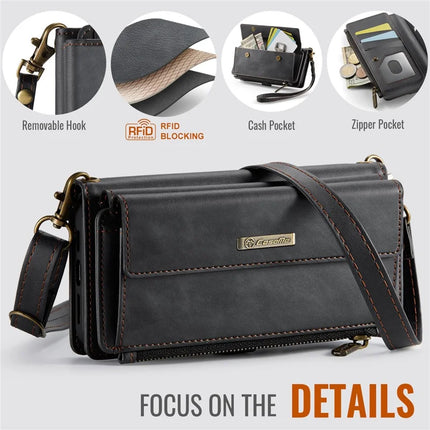 CASEME C39 Series For iPhone 13 Pro Max Case RFID Blocking 9 Card Slots Zipper Wallet Stand Leather Cover with Strap