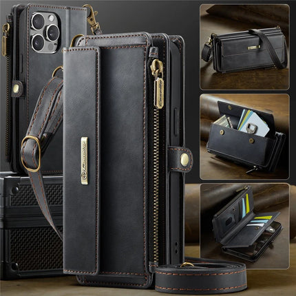 CASEME C39 Series For iPhone 13 Pro Max Case RFID Blocking 9 Card Slots Zipper Wallet Stand Leather Cover with Strap
