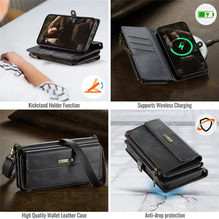 CASEME C39 Series For iPhone 13 Pro Max Case RFID Blocking 9 Card Slots Zipper Wallet Stand Leather Cover with Strap