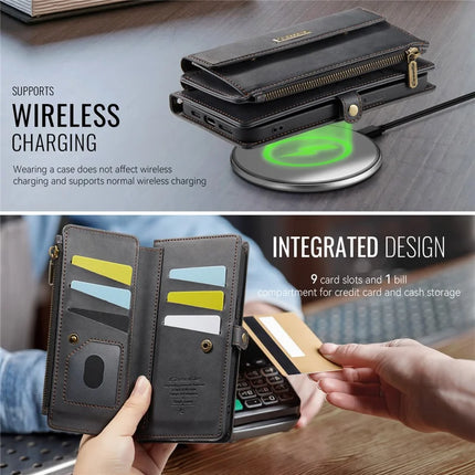 CASEME C39 Series For iPhone 13 Pro Max Case RFID Blocking 9 Card Slots Zipper Wallet Stand Leather Cover with Strap