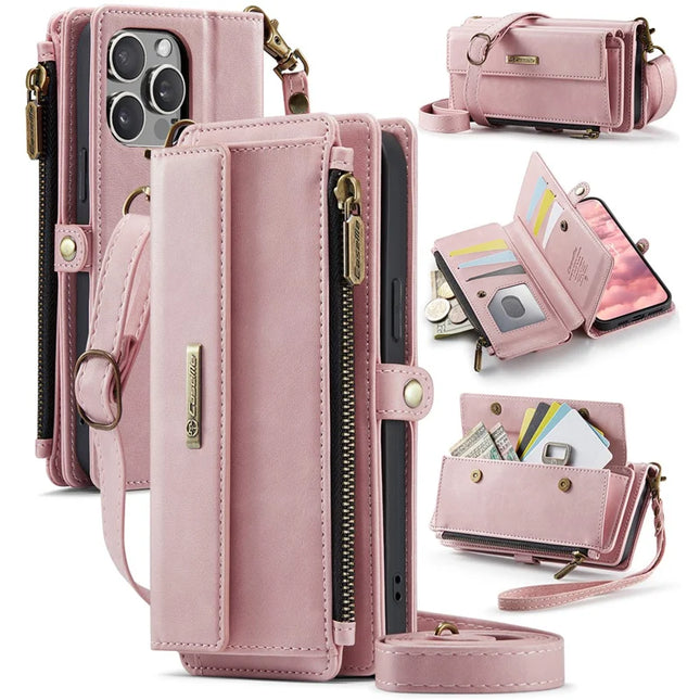CASEME C39 Series For iPhone 13 Pro Max Case RFID Blocking 9 Card Slots Zipper Wallet Stand Leather Cover with Strap - Pink