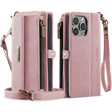 CASEME C39 Series For iPhone 13 Pro Max Case RFID Blocking 9 Card Slots Zipper Wallet Stand Leather Cover with Strap