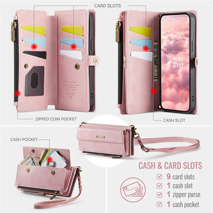 CASEME C39 Series For iPhone 13 Pro Max Case RFID Blocking 9 Card Slots Zipper Wallet Stand Leather Cover with Strap