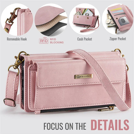 CASEME C39 Series For iPhone 13 Pro Max Case RFID Blocking 9 Card Slots Zipper Wallet Stand Leather Cover with Strap