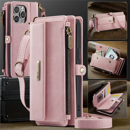 CASEME C39 Series For iPhone 13 Pro Max Case RFID Blocking 9 Card Slots Zipper Wallet Stand Leather Cover with Strap